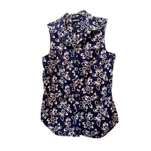 Lands' End Navy Floral Sleeveless Button Up Cotton Blouse Size 10T Summer Beach